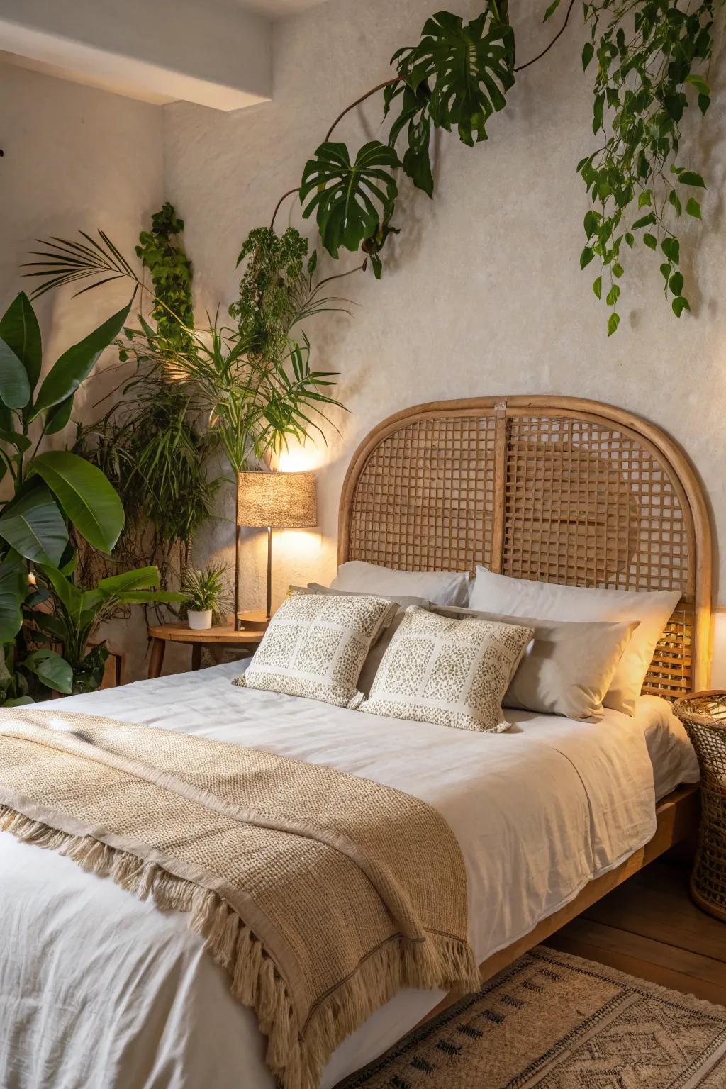 A woven fiber headboard imparts a natural essence to this boho bedroom.