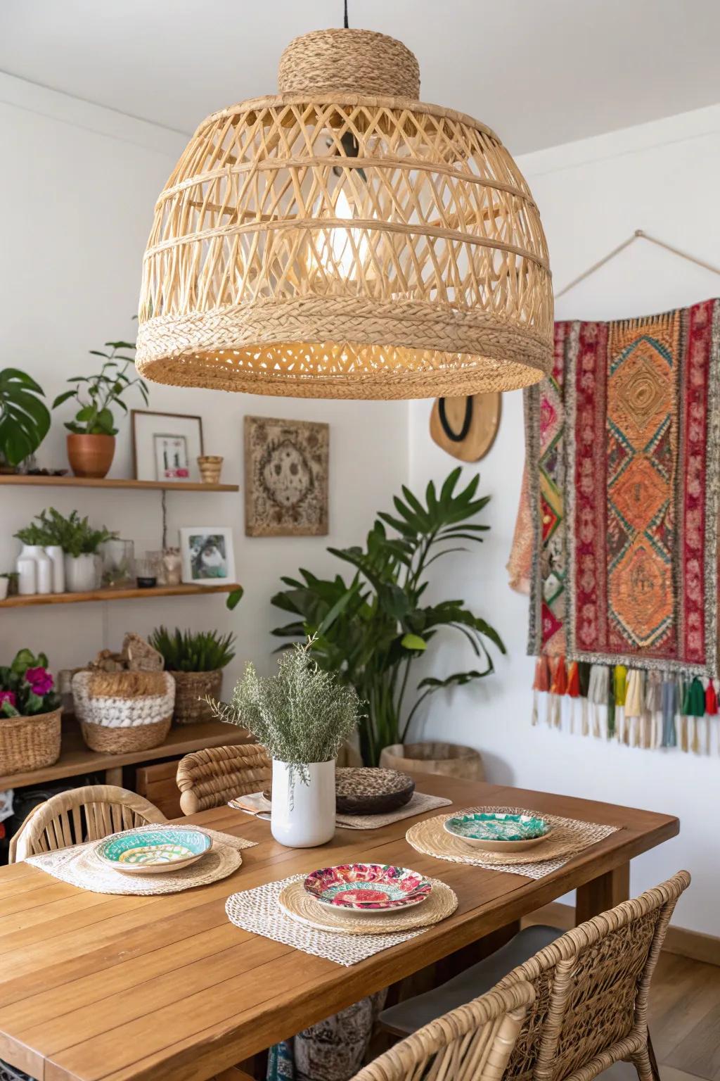 A gorgeous cane weave pendant enhances the bohemian feel of the dining zone.
