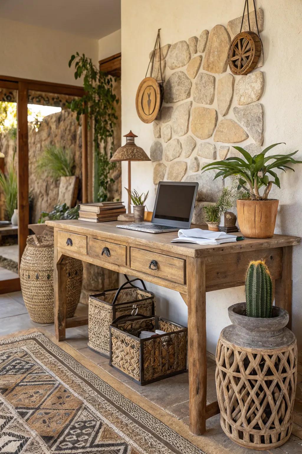 A boho office enriched with natural elements, such as wood and plants.
