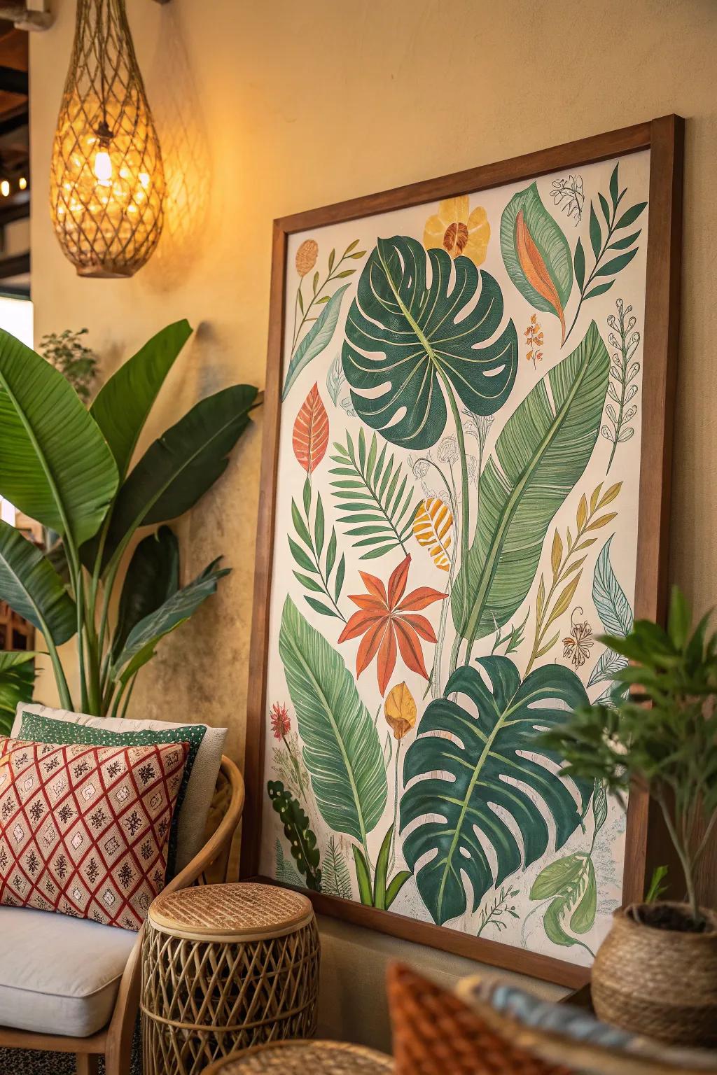 A bohemian artwork piece that celebrates the charm of nature through vibrant greenery and botanical elements.