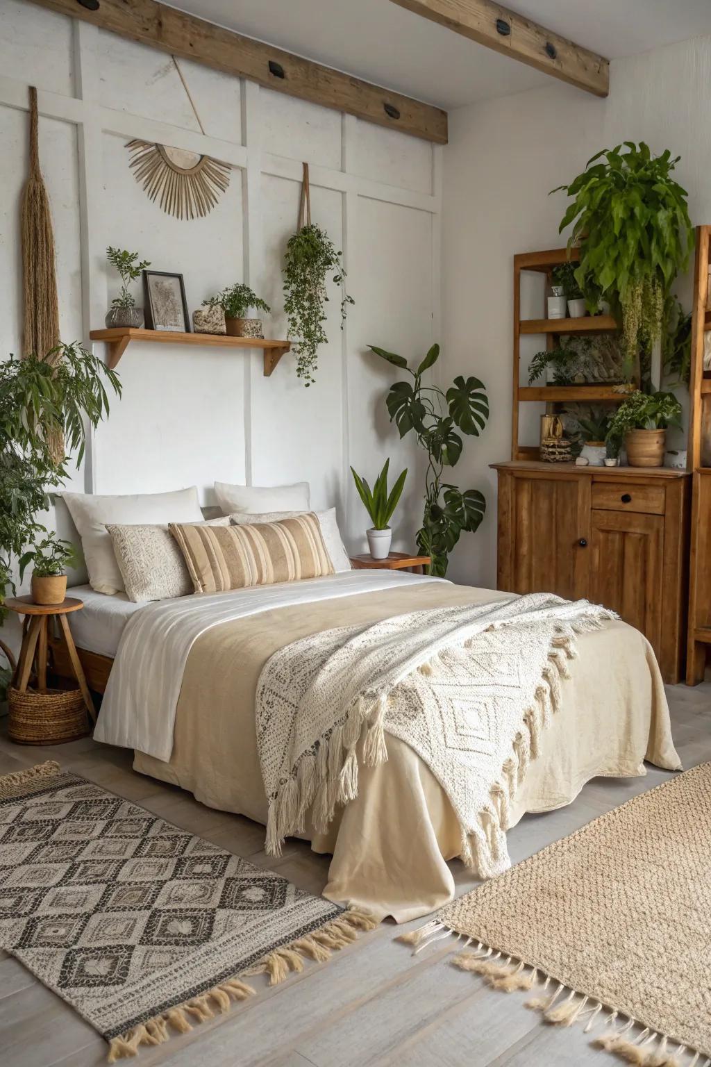 Neutral tones produce a peaceful and harmonious boho environment.