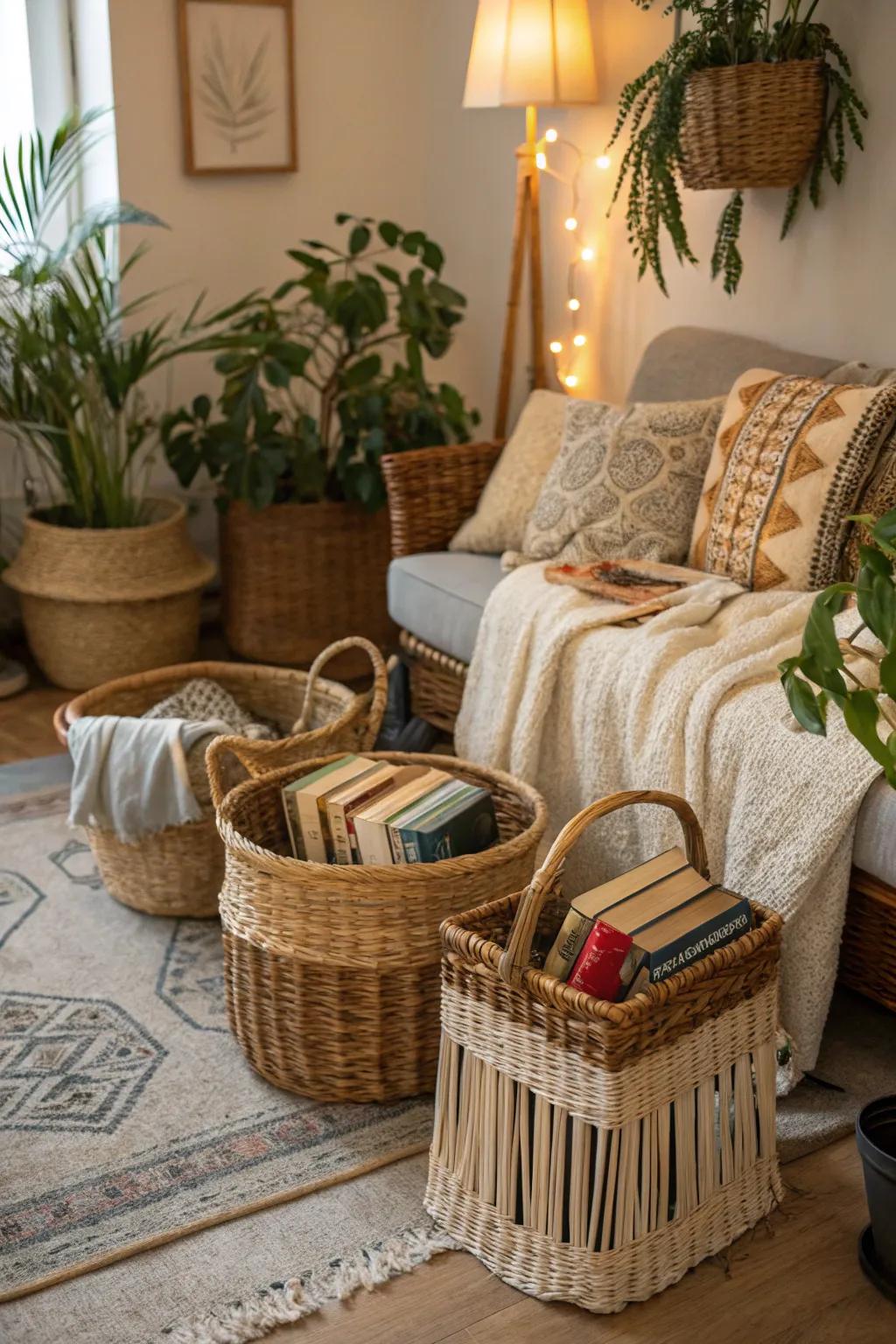 Wicker containers enrich your boho-themed space with warmth and texture.