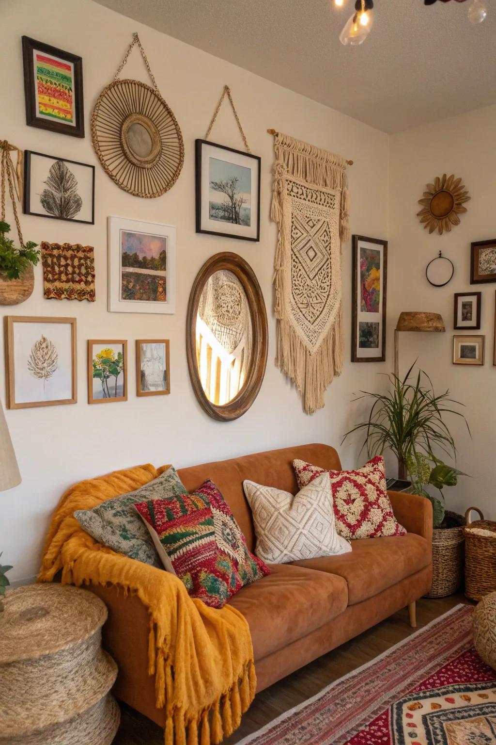 A carefully curated gallery wall radiating bohemian allure.