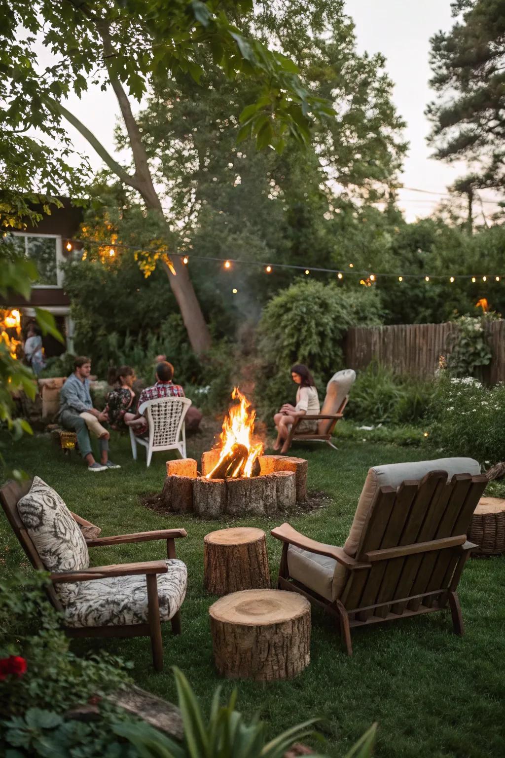 A quaint seating layout surrounding a bonfire.