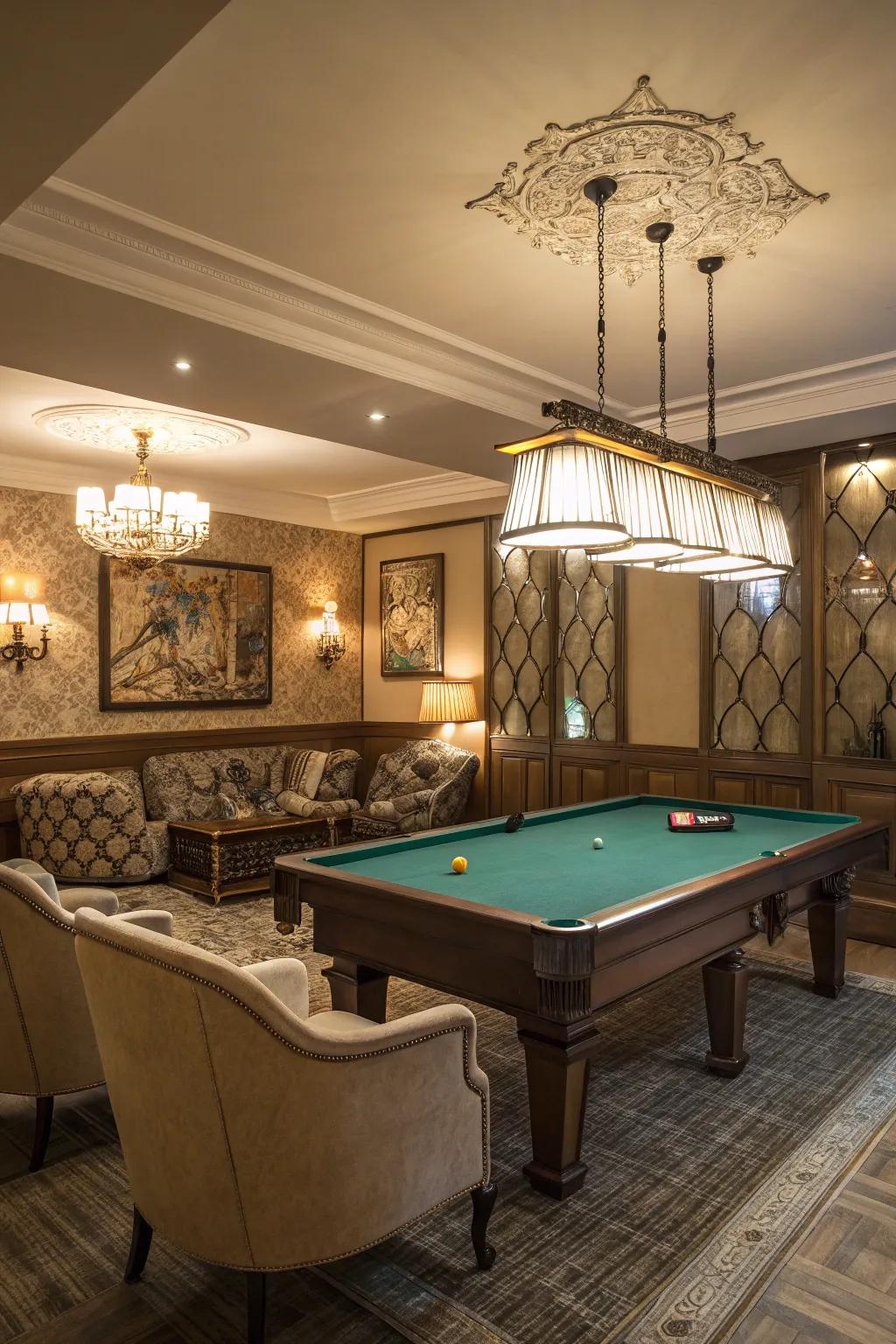 A traditional game room featuring a billiards table as its main attraction.