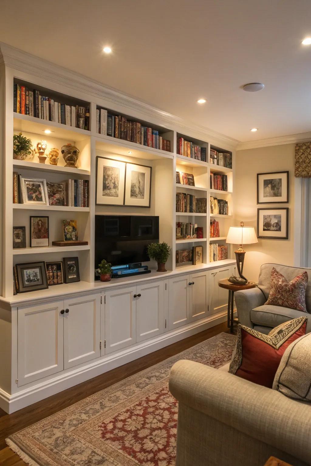 Integrated bookcases create a unified and stylish appearance.