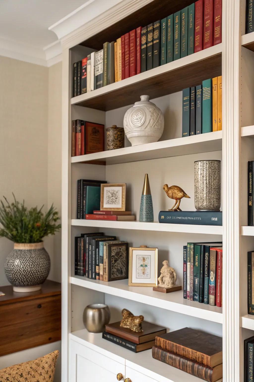 A well-thought-out composition of literature and decorative accents graces this bookshelf.