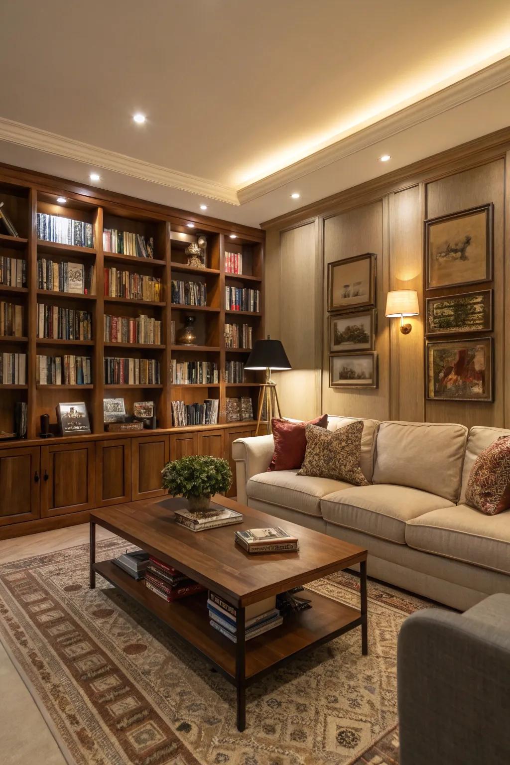 Bookshelf wall integrated into the living area for a warm ambiance.