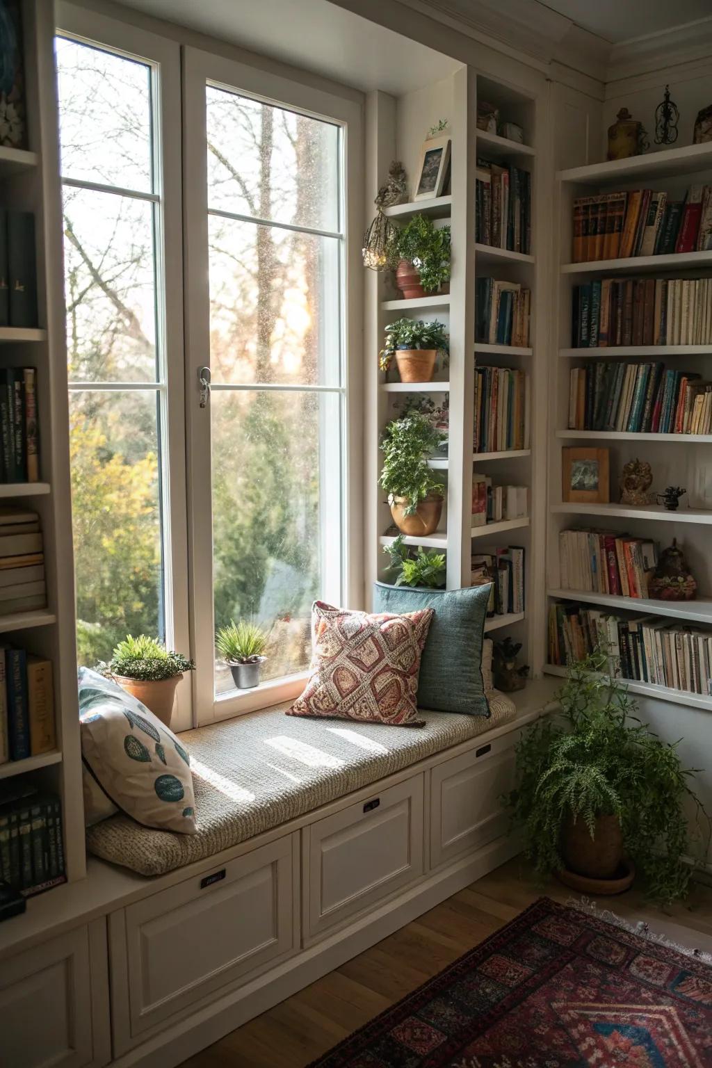Design your personal cozy reading spot with a window seat embraced by bookshelves.
