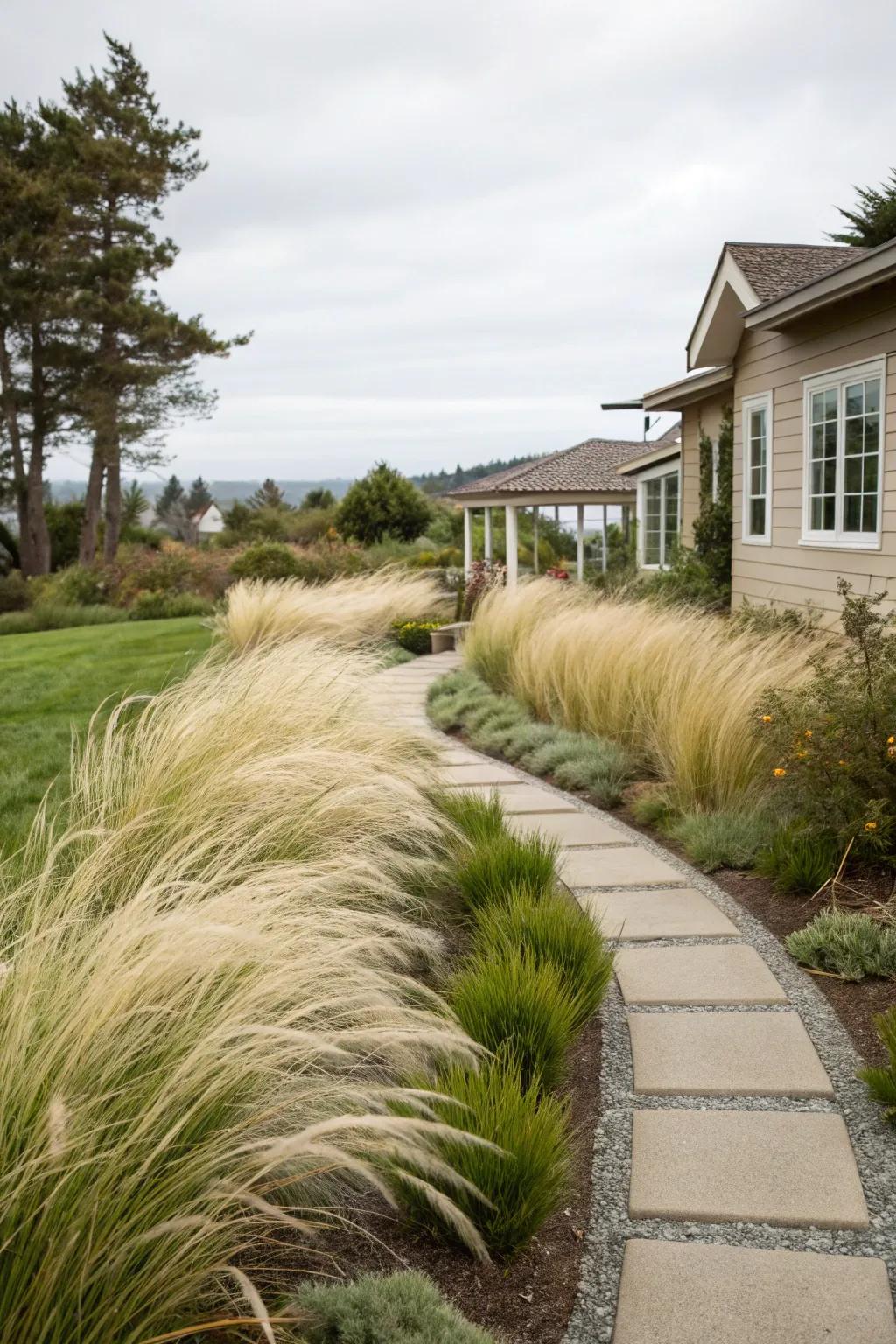 A garden path beautifully lined with soft Silken Plume Grass.
