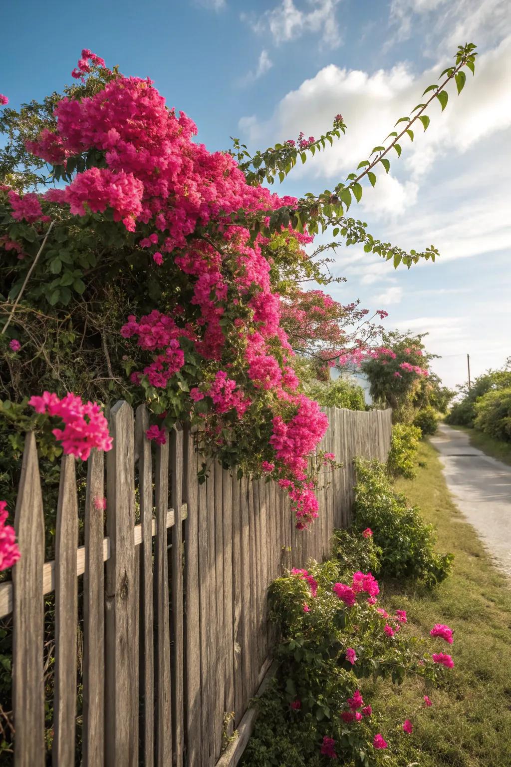 A wooden fence brought to life with the vibrant presence of bougainvillea.