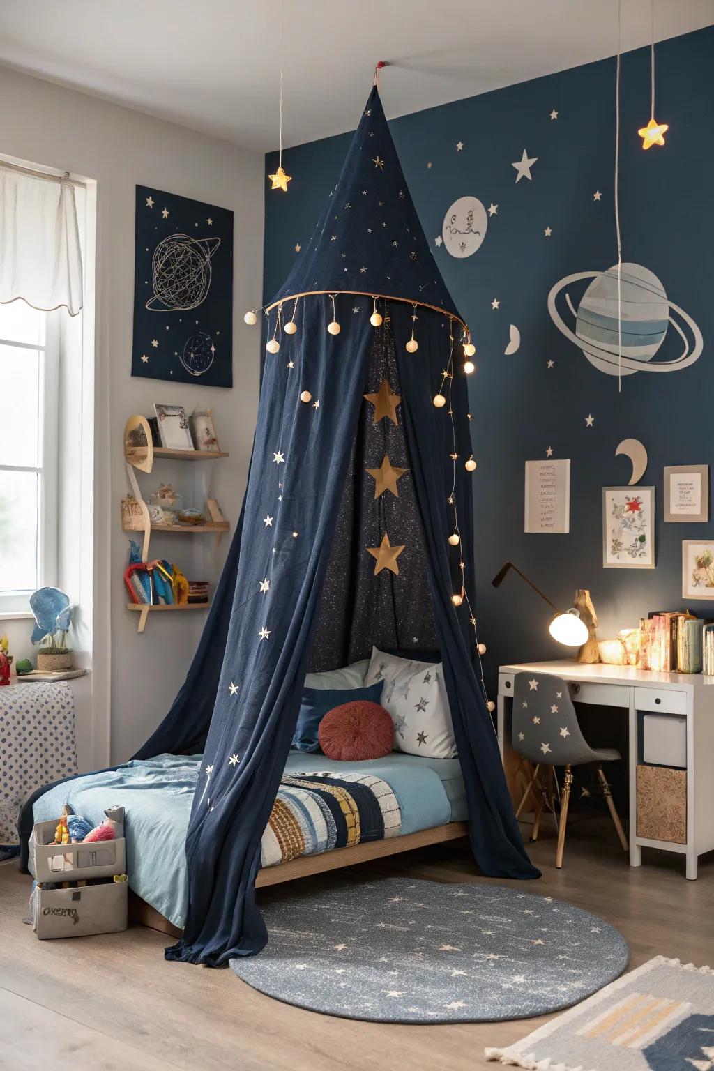 Embark on a celestial journey with a space explorer's canopy bed.