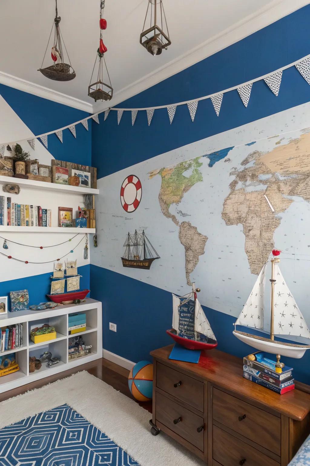 Conjure a nautical atmosphere with daring azures and ivories.