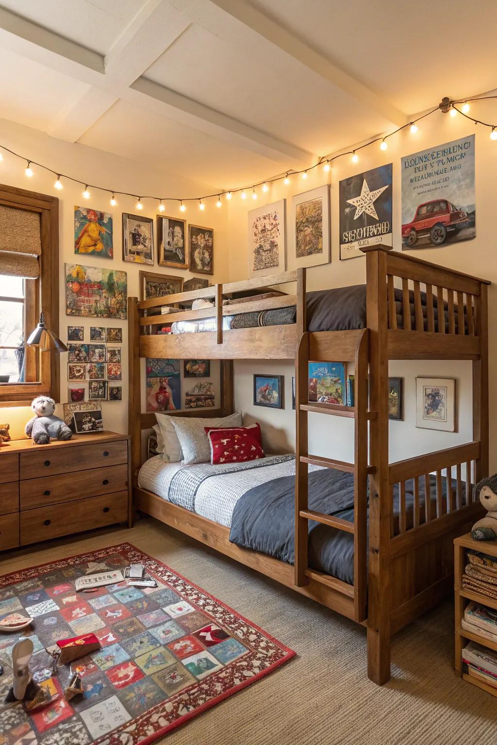 Classic wooden bunk beds infuse warmth and heritage into a boy's room.