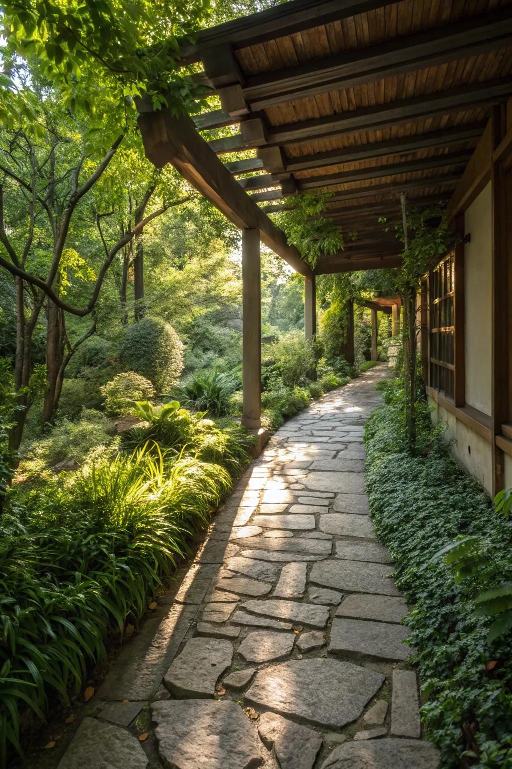 A captivating stone path lending an earthy feel to the breezeway.