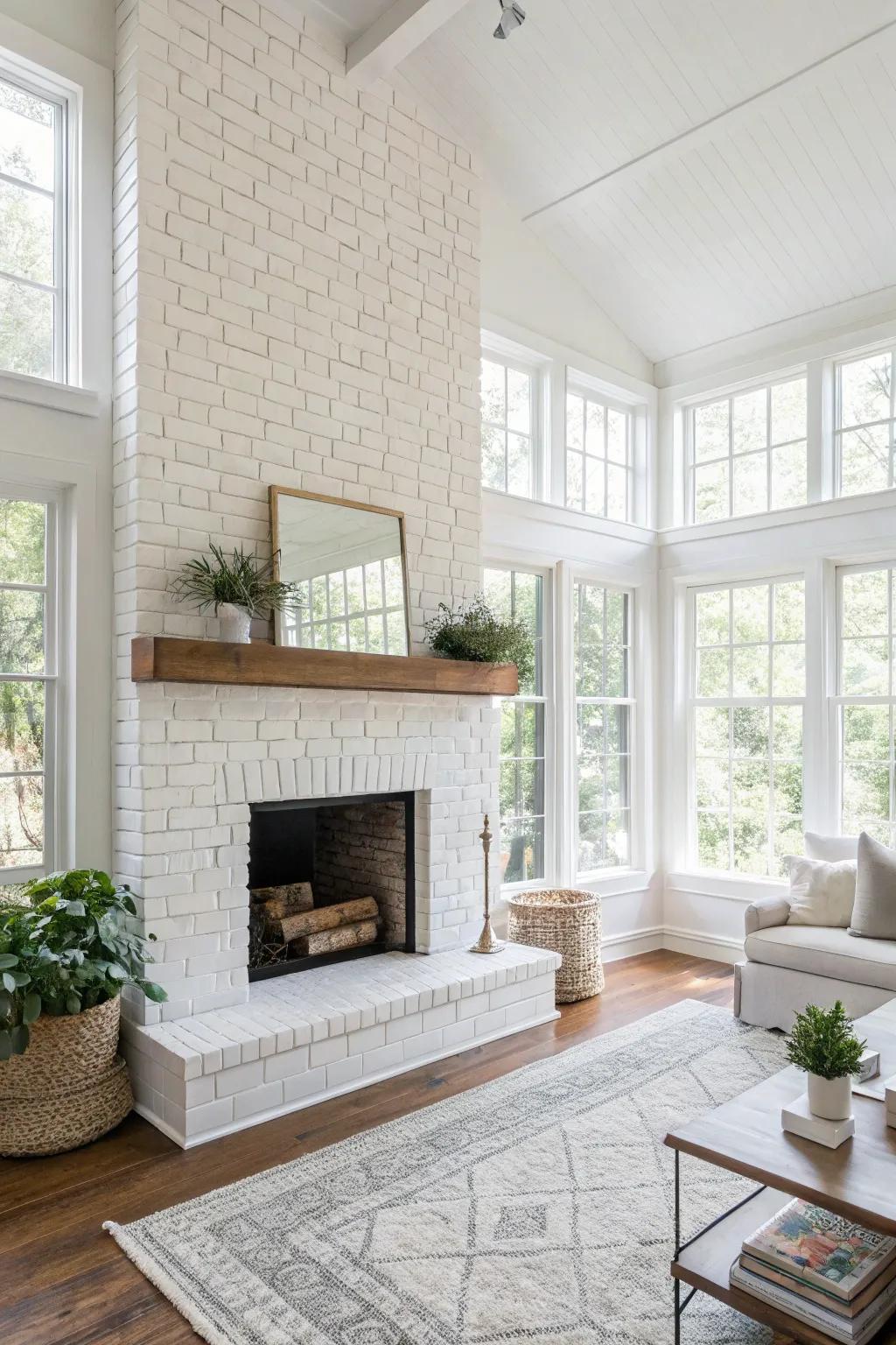 A white-painted brick fireplace brings a sense of modern elegance to any space.