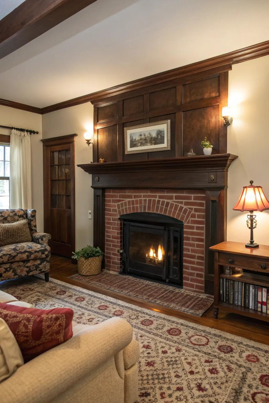 An enduring red brick hearth accompanied by a deep-toned timber ledge, ideal for intimate gatherings.