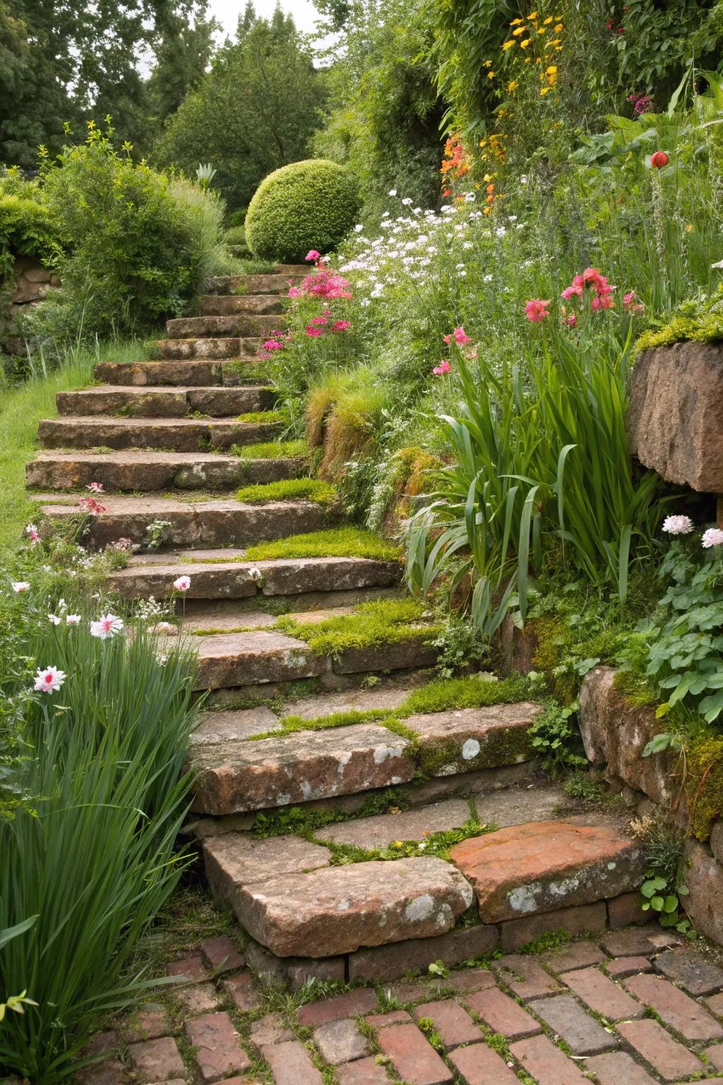 Brick steps winding through a thriving garden setting.