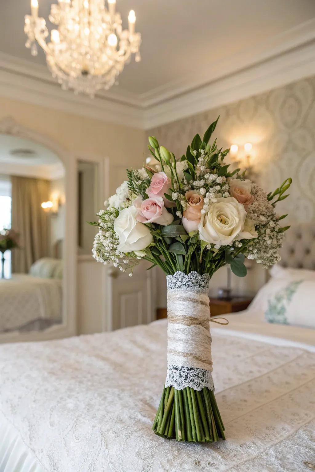 A bridal arrangement enfolded in heirloom bobbinet for an impression of ageless grace.