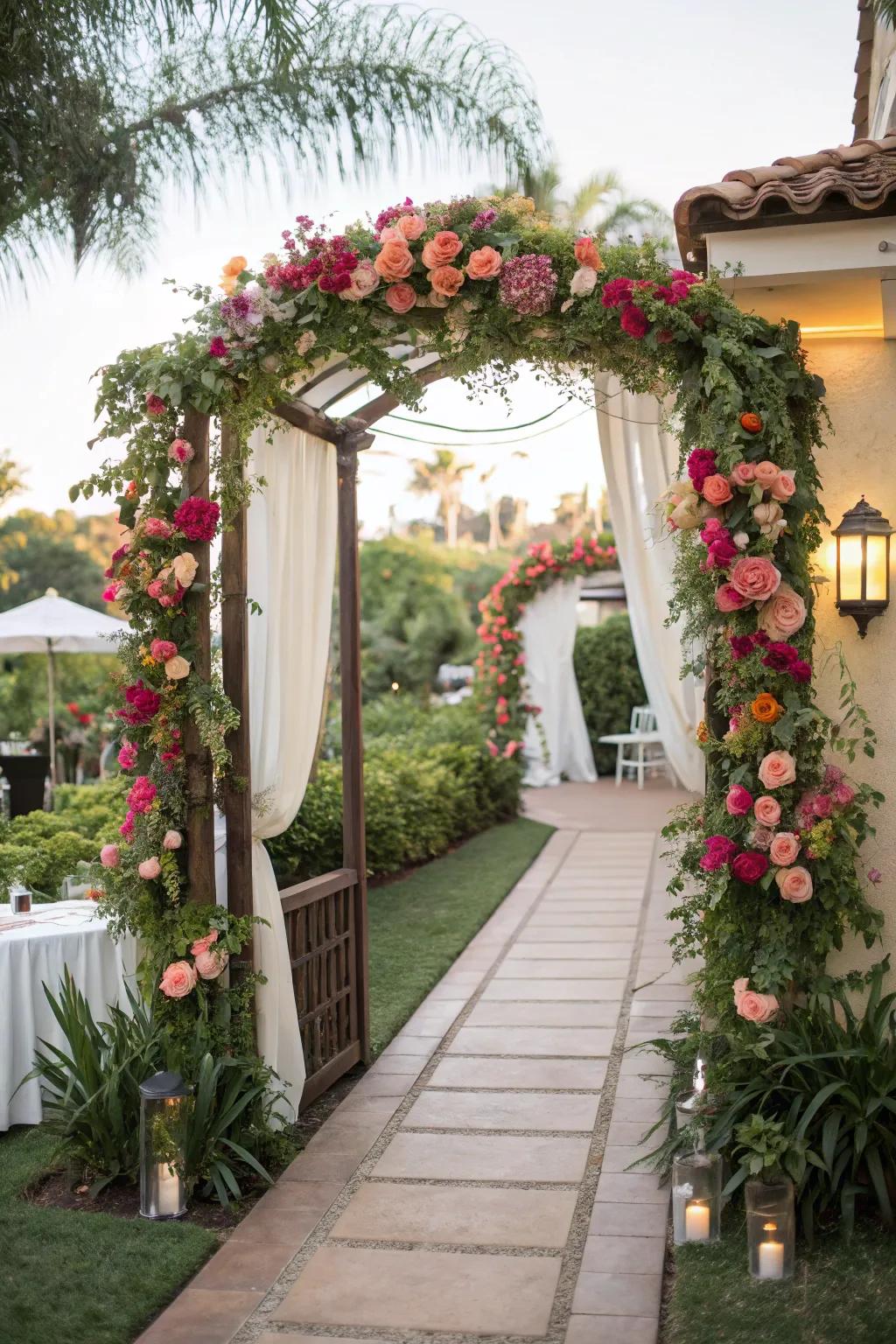 Guests are welcomed by a stunning floral archway at the bridal shower's entrance.