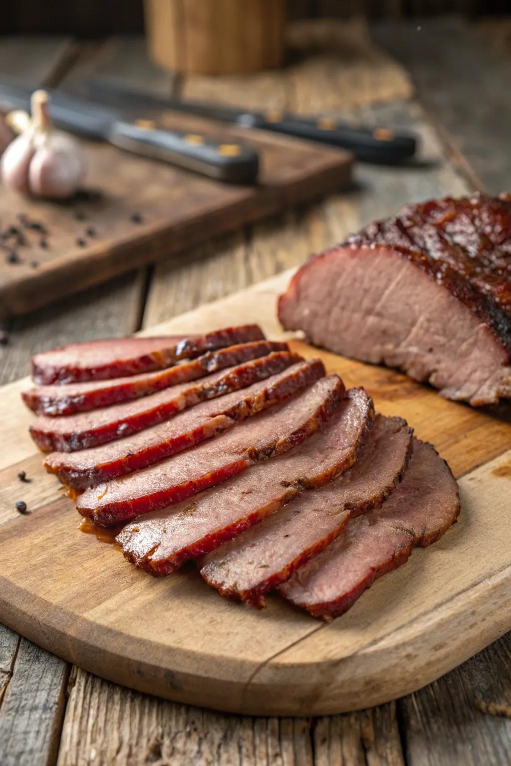 Finely cut smoked meat gracefully arranged in a fan shape.