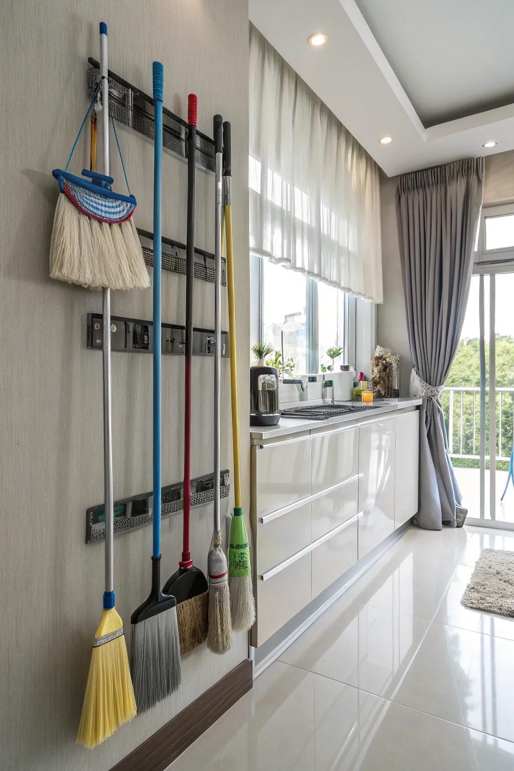Wall-mounted racks provide a streamlined method for housing your cleaning essentials.