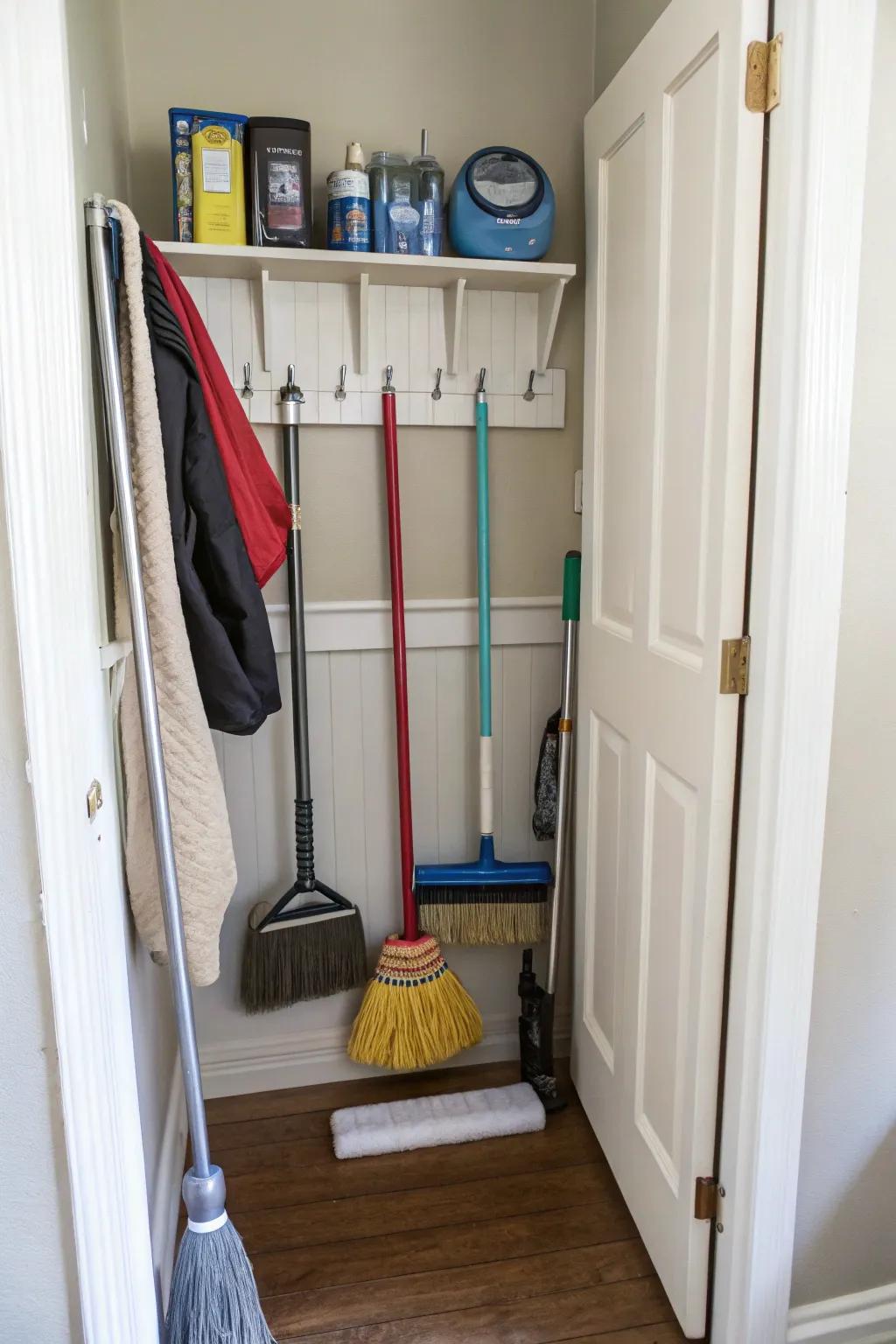 Utilize vertical storage to keep your cleaning tools organized and accessible.