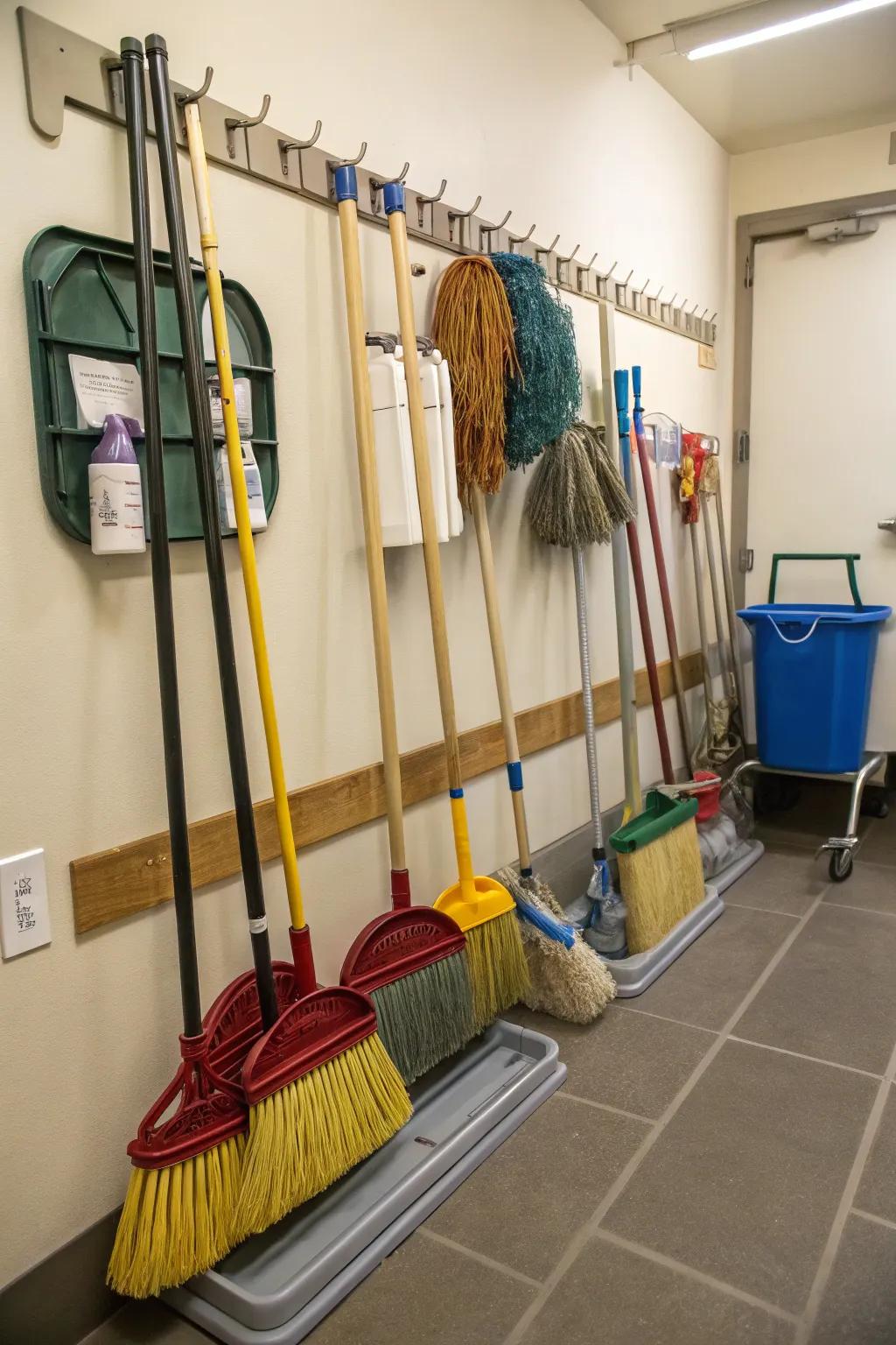 Smart wall-mounted storage solutions for brooms and mops.