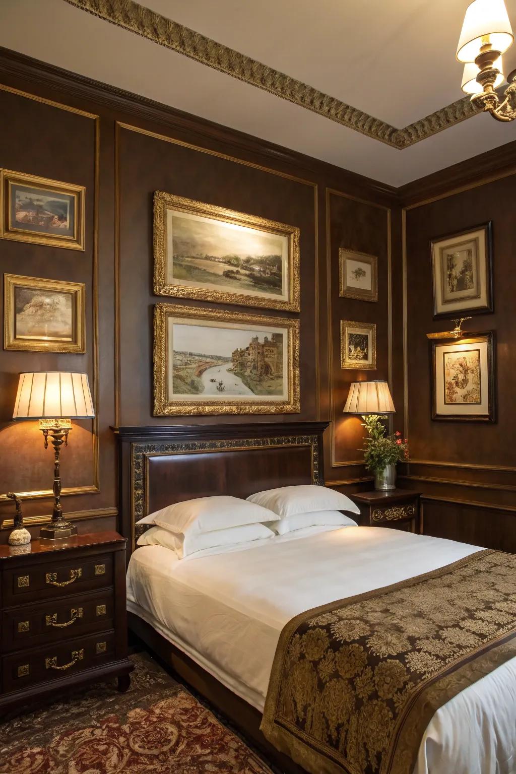 Deep brown walls matched with gold decorations for a welcoming environment.