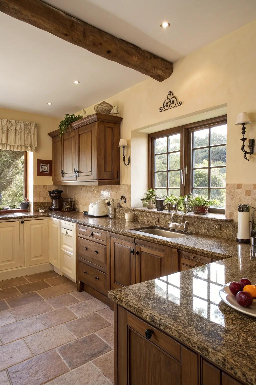 Gentle cream walls highlight the golden shades of brown granite.