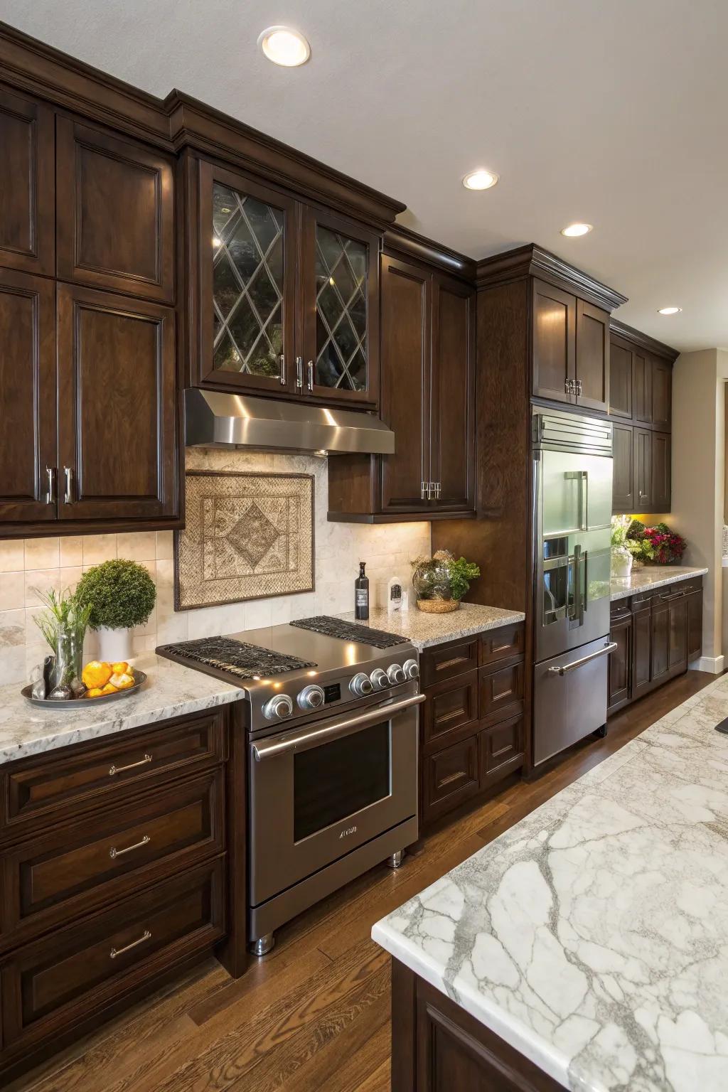 Pecan woodwork presents a lavish, enduring allure in contemporary kitchens.