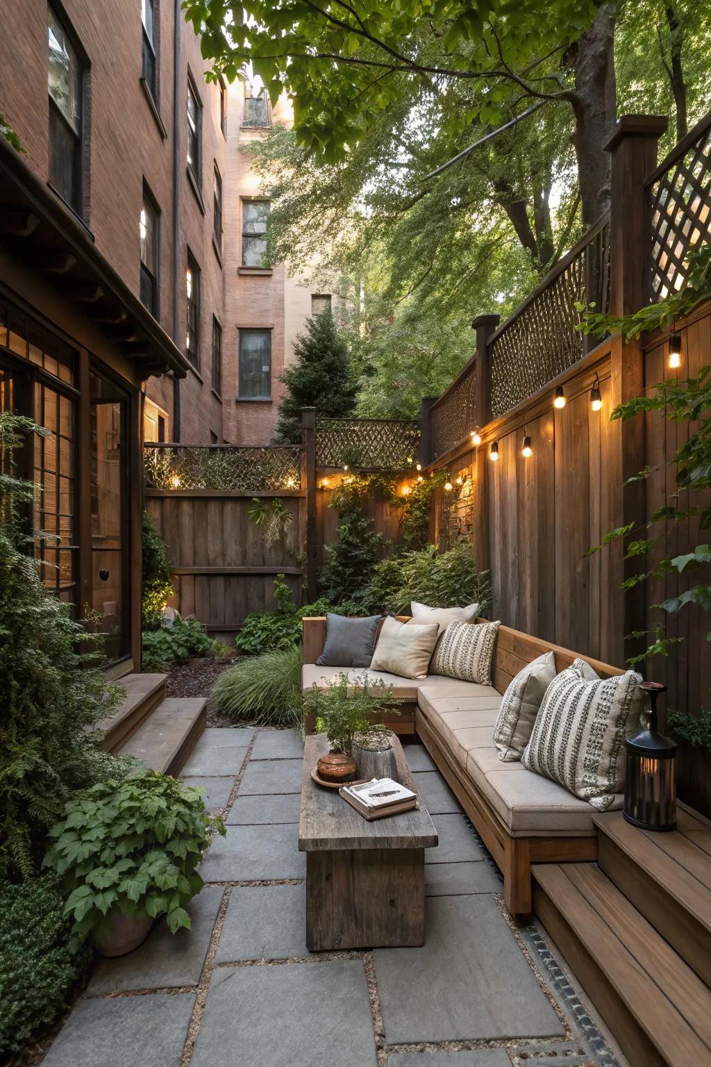 A comfortable seating nook encourages relaxation in this brownstone backyard.