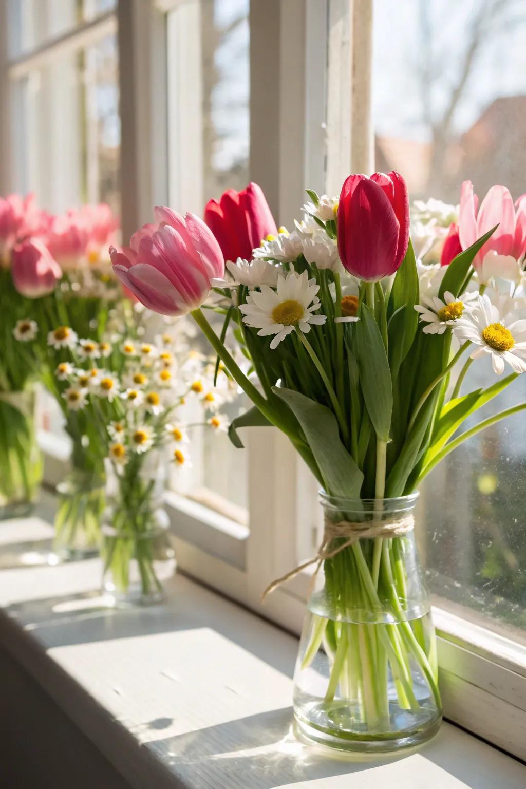 Brighten your space with colorful tulips and daisies in petite vases.