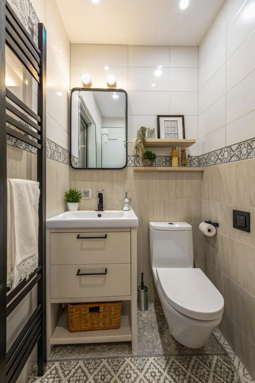 A compact bathroom using a small vanity and toilet to optimize the available space.