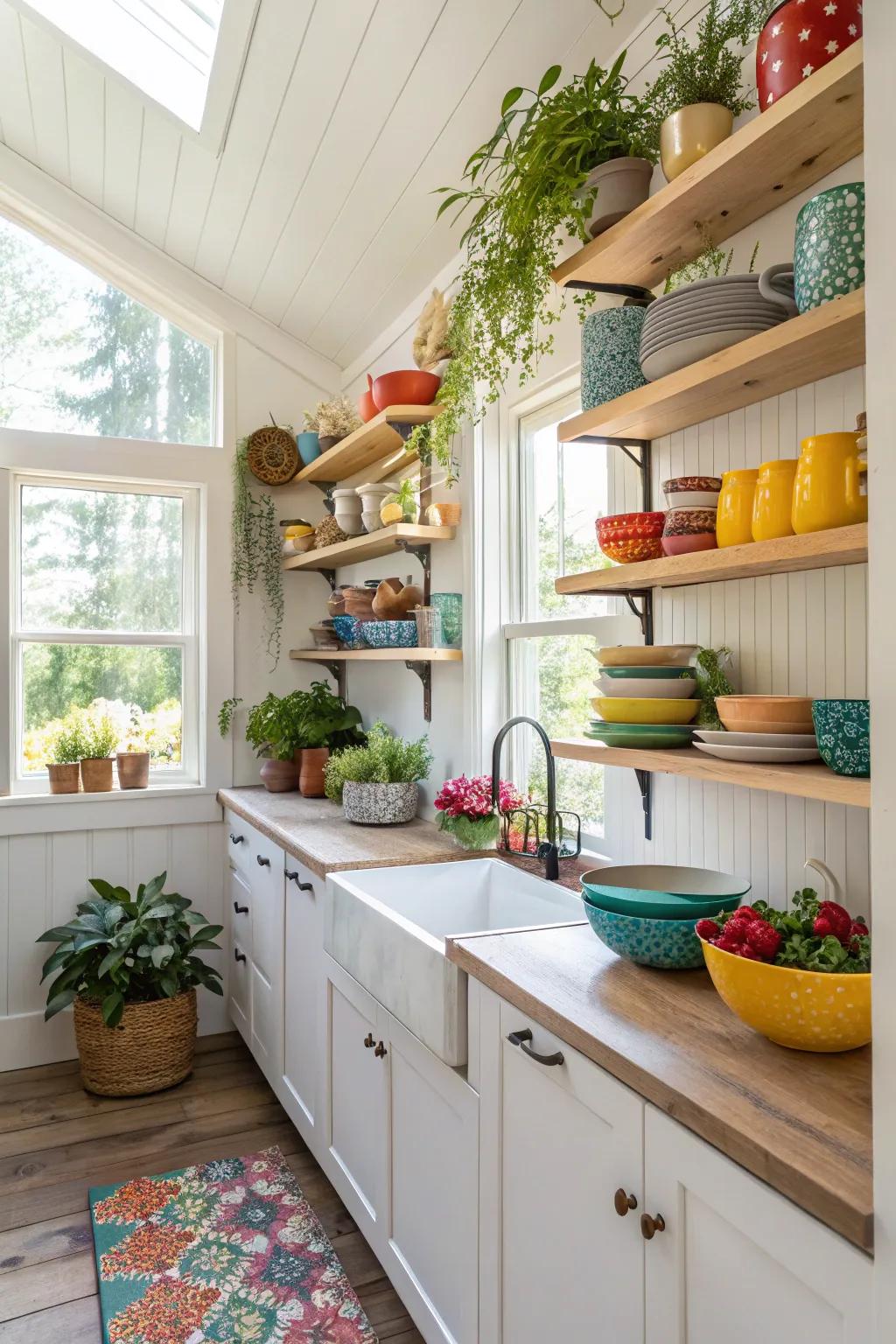 Open shelves contribute a personalized and practical charm to this intimate kitchen.