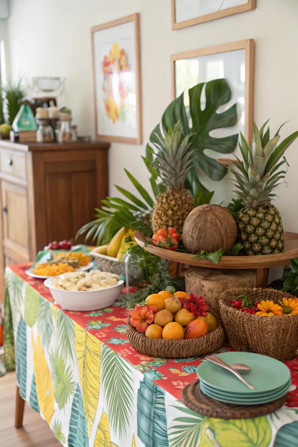 A tropical buffet setting adds a burst of color and joyful vibes to any social event.