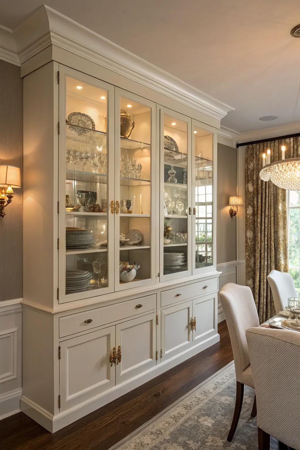 A dining room featuring glass-front cabinets that beautifully display elegant dinnerware.
