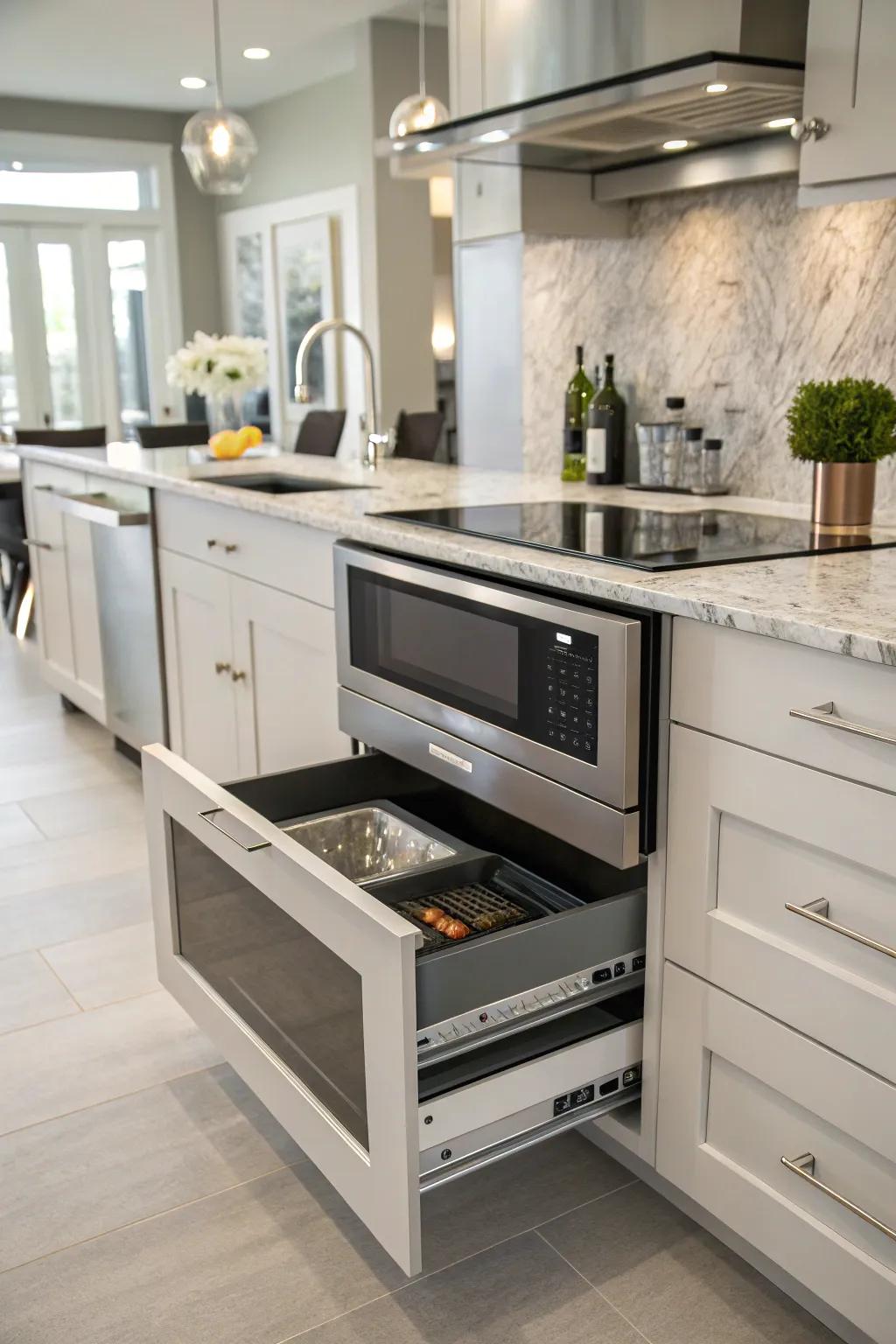 Modern kitchen featuring a sleek microwave drawer integrated into lower cabinetry.