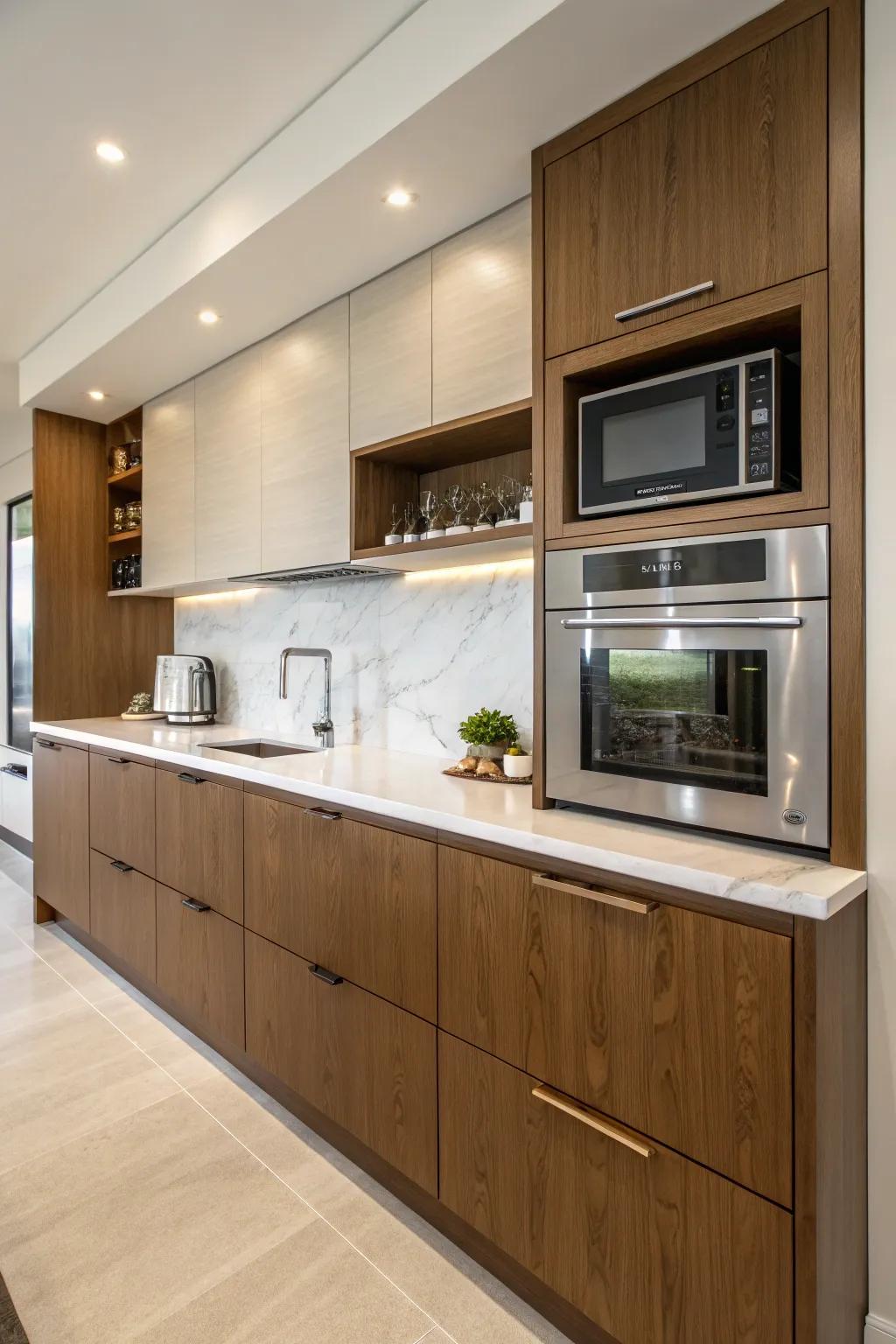 A microwave stylishly fitted into the kitchen cabinets just above the counter.