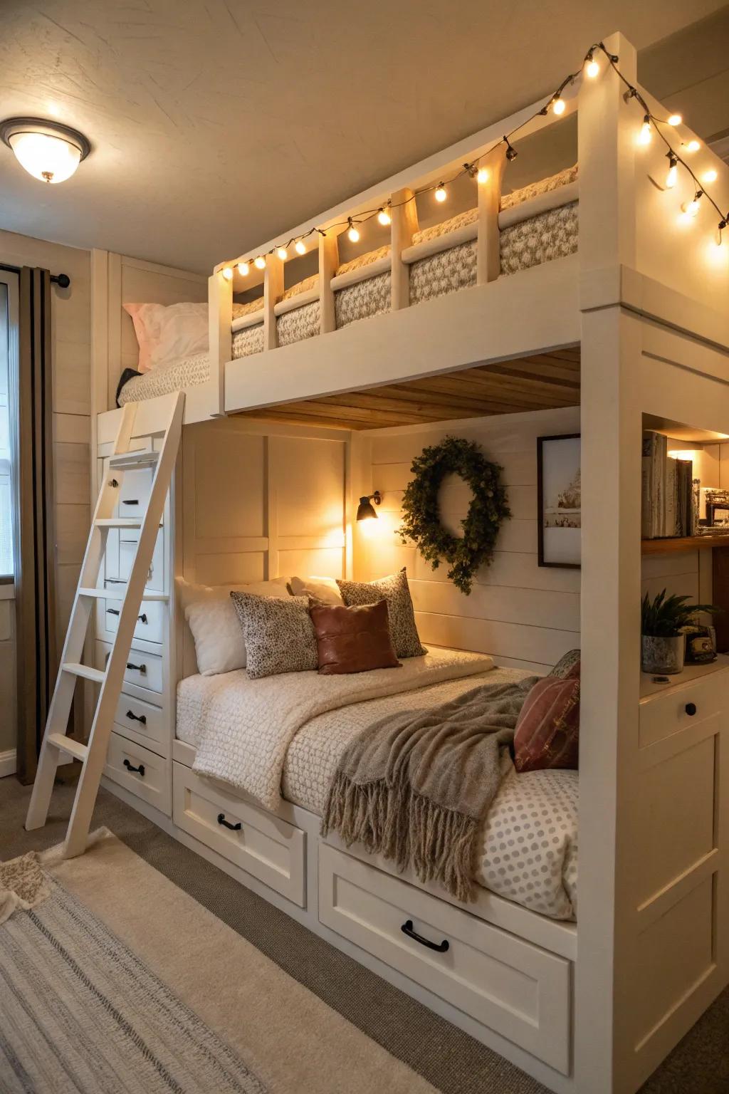 An intimate alcove featuring built-in queen bunk beds crafts the ultimate sanctuary.
