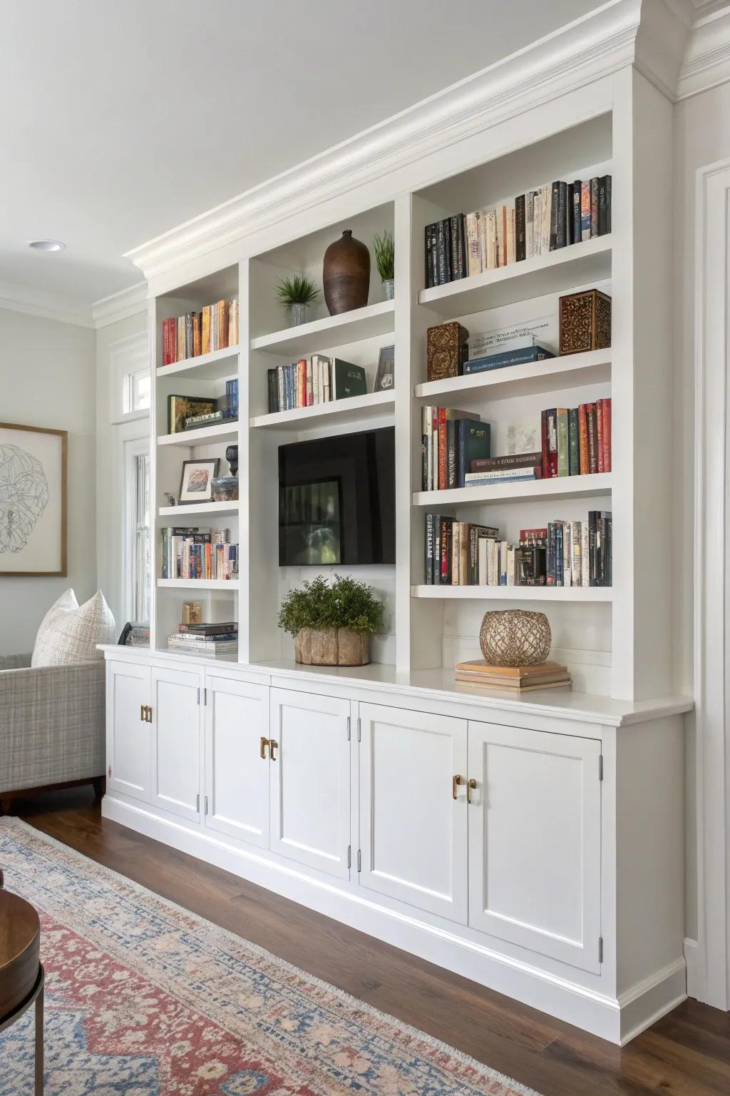 Ivory built-in shelves give off a simple and airy vibe.