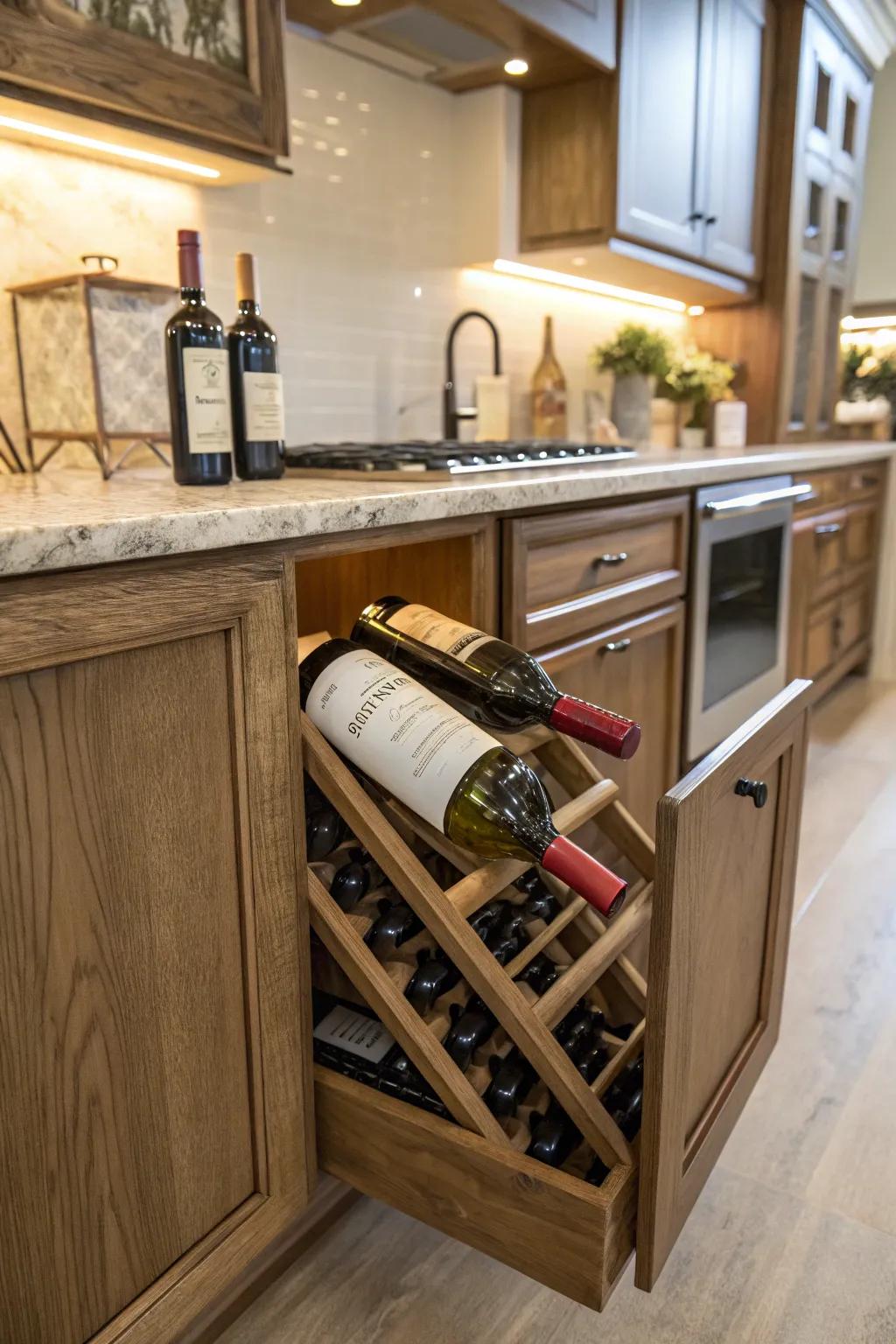 Under-cabinet wine storage enhances your cooking area with both convenience and flair.