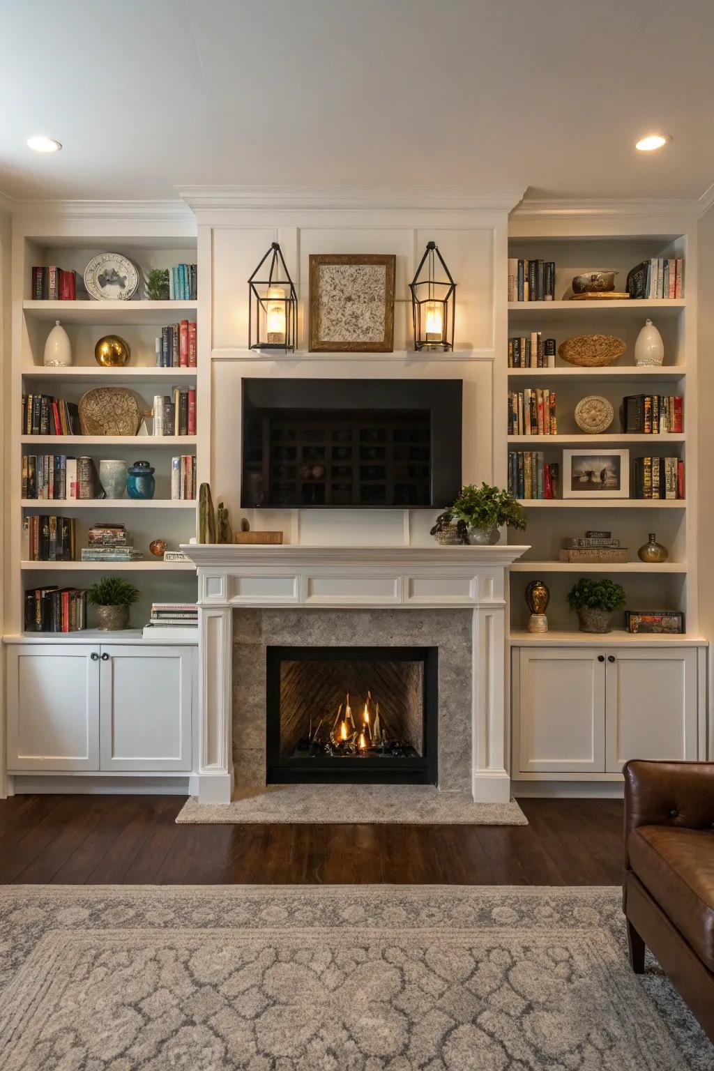 Balanced shelves establish a harmonious and inviting ambiance around the fireplace.