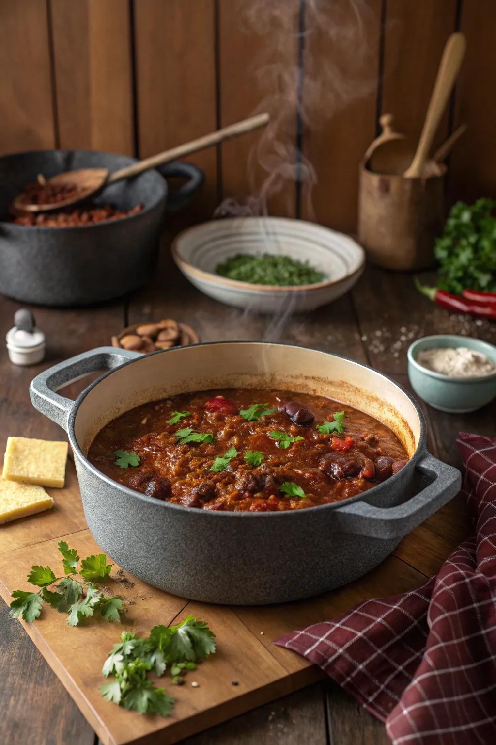 A simmering pot of enhanced classic chili, promising warmth and flavor.