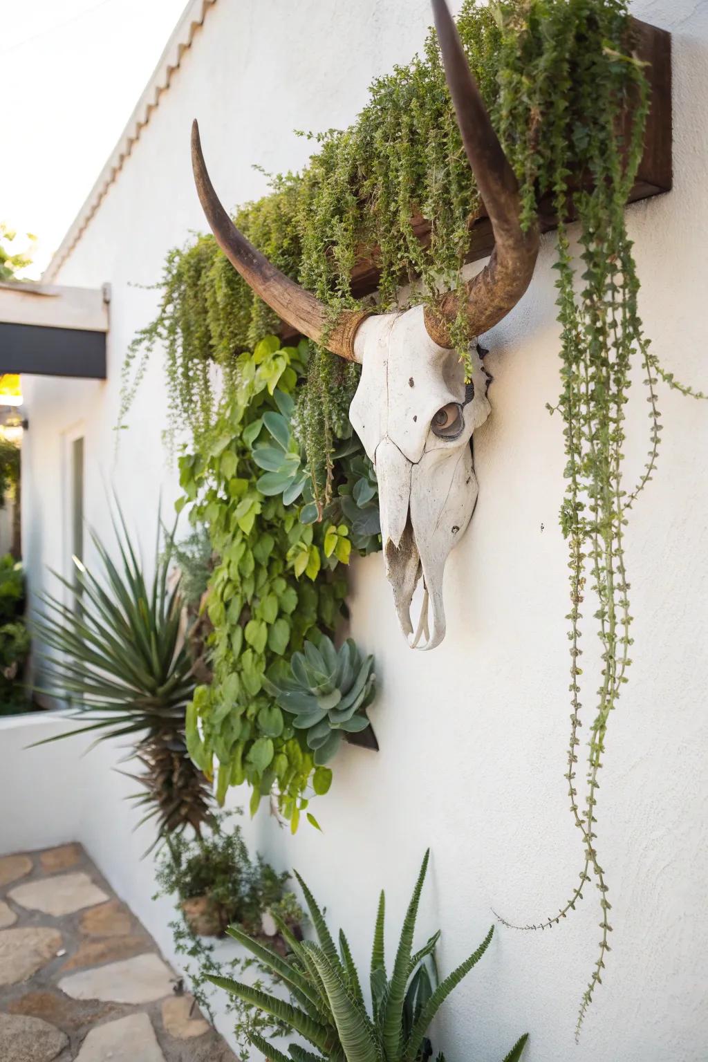 Cattle skull with plant life accents for an organic feel.