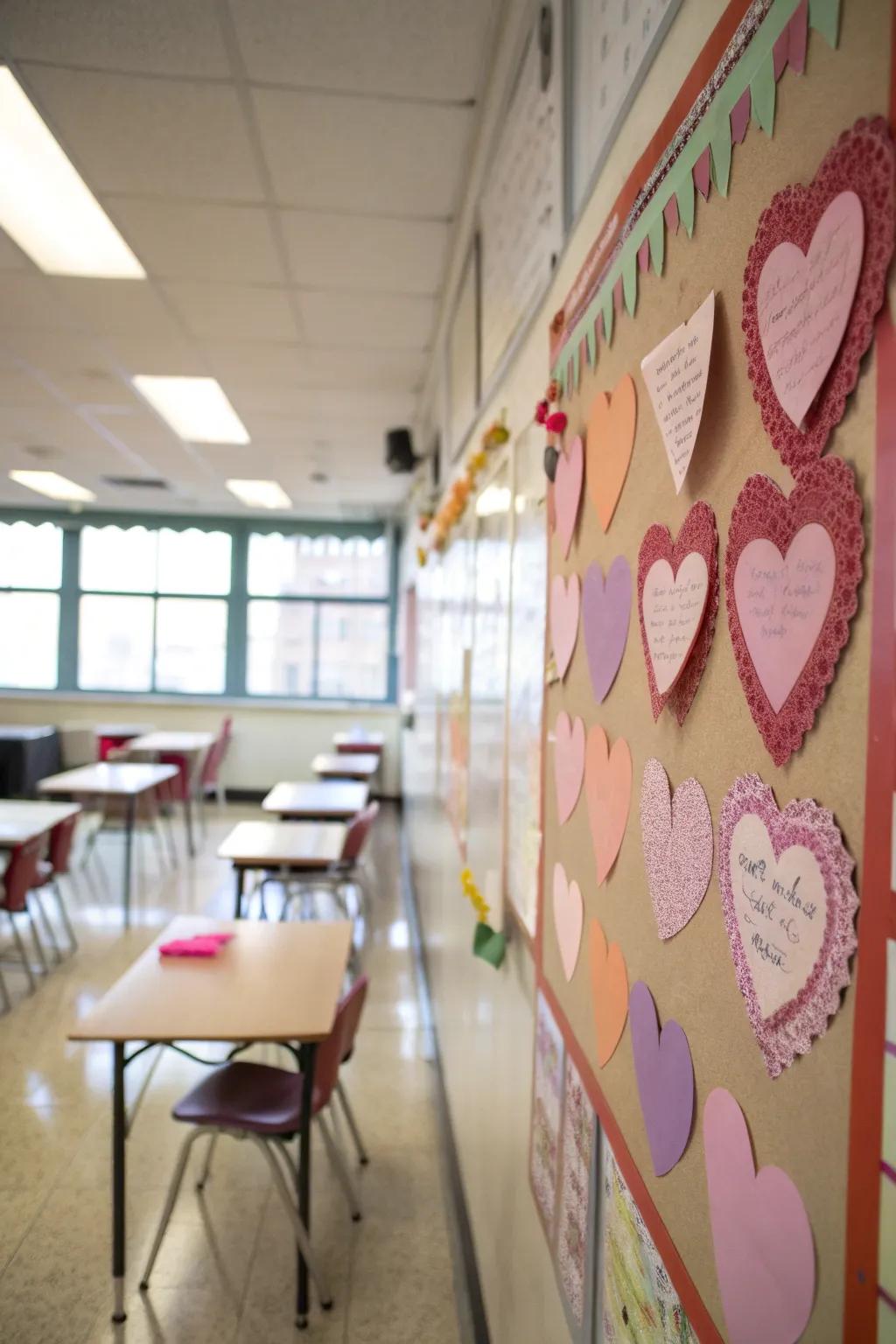 A decorated bulletin board featuring heart-shaped messages of love.