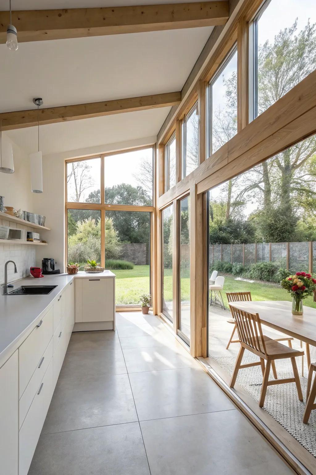 A spacious bungalow cooking area that welcomes sunlight via expansive panes.