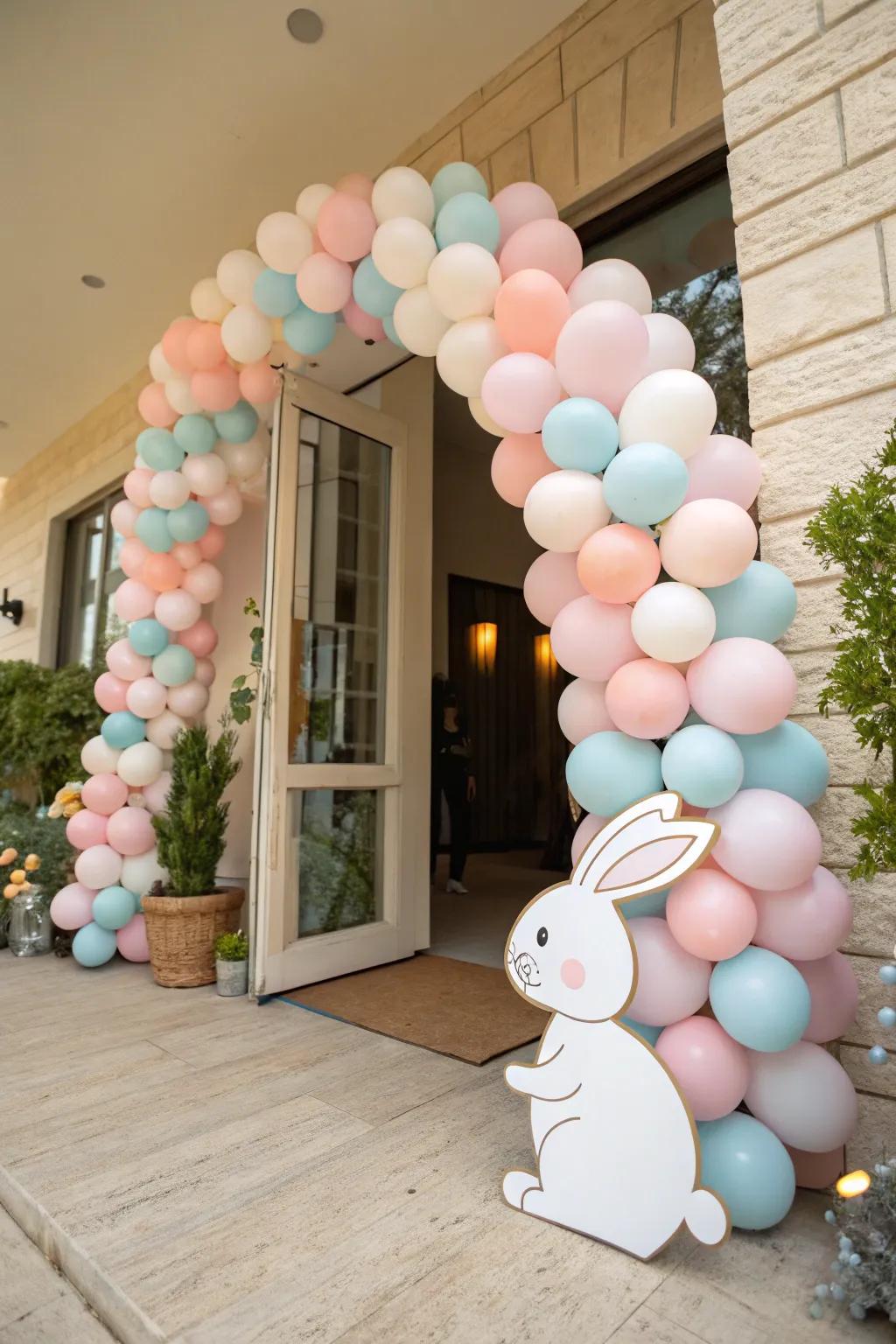 A charming delicate-toned balloon arch welcomes attendees to the bunny baby shower.