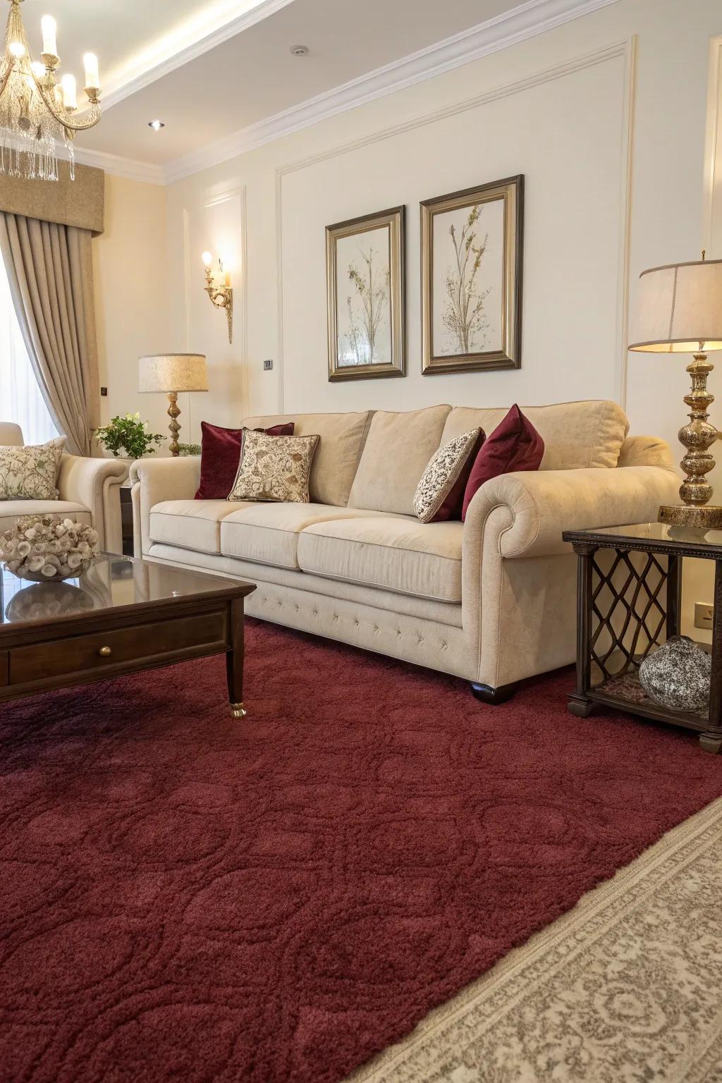 A claret floor covering blends seamlessly with ecru furnishings, creating a tranquil ambiance.