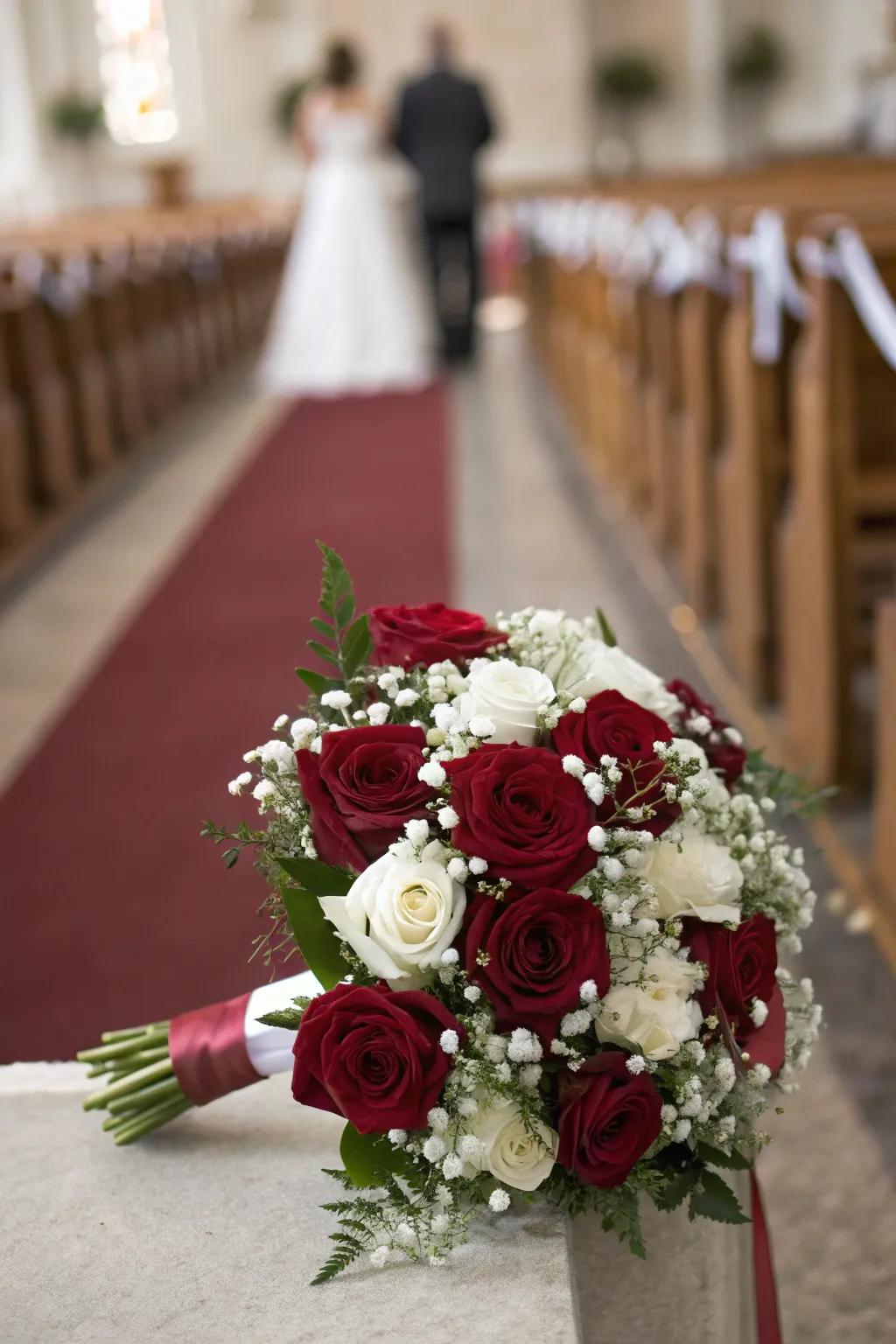 Classic burgundy roses artfully matched with pure white blossoms.